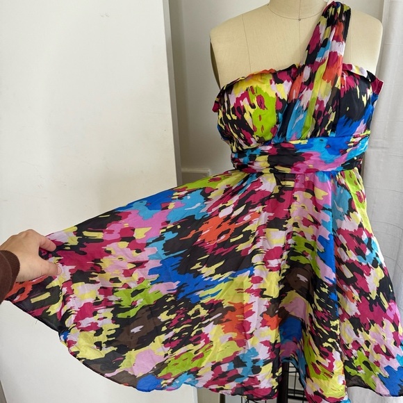 Anthropologie Minuet Multicolor One Shoulder 100% Silk Cocktail Dress - Picture 6 of 12